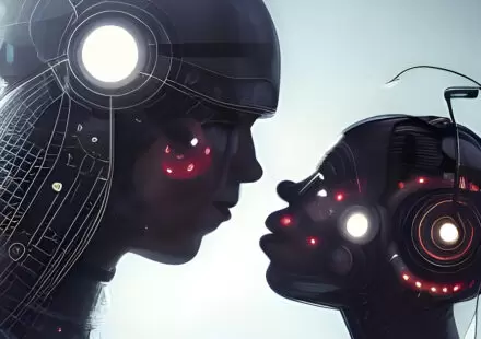 A cyborg couple, gazing at each other before a pale, lit background. LitRPG romantasy is a broad spectrum mashup of romance, fantasy, and gaming.