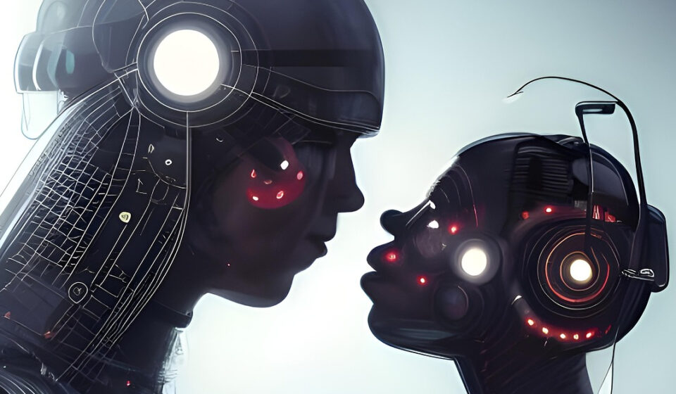 LitRPG Romantasy: Where Gaming Meets Romance A cyborg couple, gazing at each other before a pale, lit background. LitRPG romantasy is a broad spectrum mashup of romance, fantasy, and gaming.