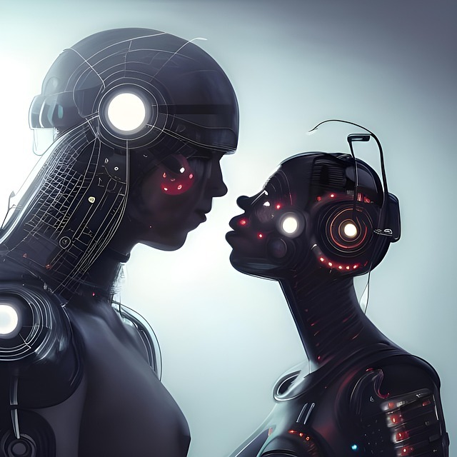 A cyborg couple, gazing at each other before a pale, lit background. LitRPG romantasy is a broad spectrum mashup of romance, fantasy, and gaming.