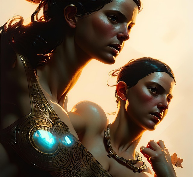 A close-up of two women with bare shoulders. The woman in the foreground has something armor-ish on her upper right arm. It's an image for a LitRPG with romance plot.