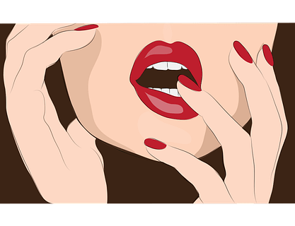 An illustration of the lower half of a woman's face and hands. She's got parted red lips, red fingernails, and a finger on her lower lips as if she's anticipating something really, really good. Like a well-written slow burn romance.