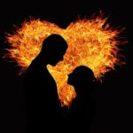 The silhouettes of a man and a woman backlit by a fiery heart. This depicts slow burn romance at its best!