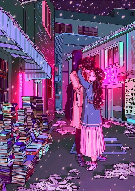 An illustration of a couple embracing in a neon-lit backstreet, in front of a bookshop, with books littering the street around them. LitRPG romantasy should look so good.