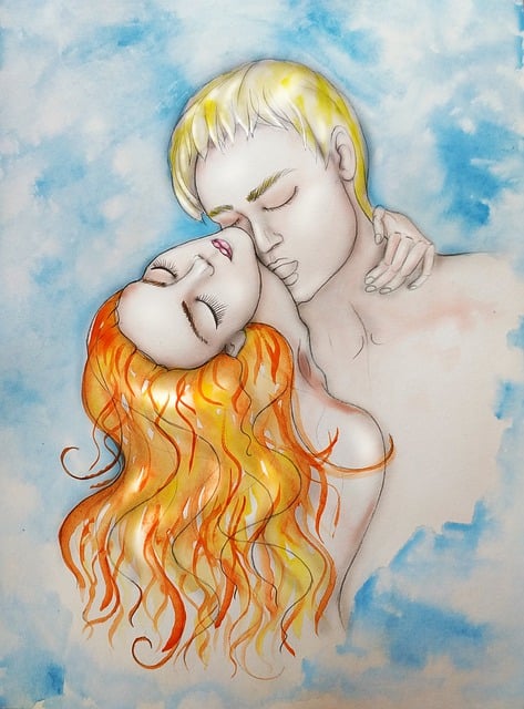 What is slow burn romance? This illustration shows it . A couple partially embracing, only the upper third of their bodies is shown. A woman with red-blonde hair is leaning her head back, he's got short blond hair and is almost but not quite kissing her neck. It's the build up of tension that creates the burn.
