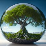 An old, sprawling tree with deep roots is set against the backdrop of a horizon, and contained within a glass or crystal sphere - could have come directly from the fantasy land of Menelon.