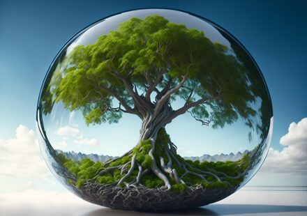 An old, sprawling tree with deep roots is set against the backdrop of a horizon, and contained within a glass or crystal sphere - could have come directly from the fantasy land of Menelon.