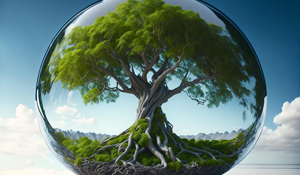 An old, sprawling tree with deep roots is set against the backdrop of a horizon, and contained within a glass or crystal sphere - could have come directly from the fantasy land of Menelon.