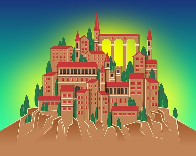An illustration of a mountaintop city in a fantasy holy land.