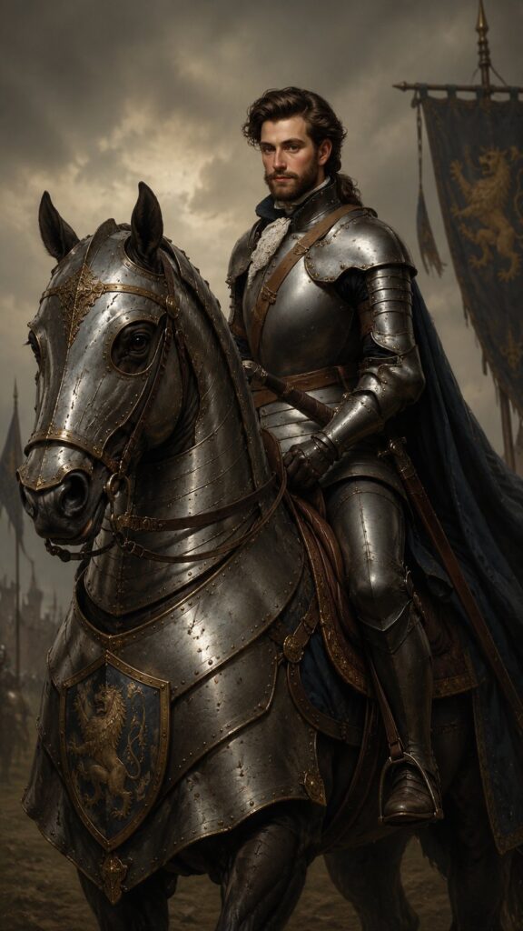 A portrait of Prince Athose Mirac of Vin-Nórë armed and armored, astride his great war horse, Free Born. Athos is the opposite of a morally gray character. He is a morally complex hero.
