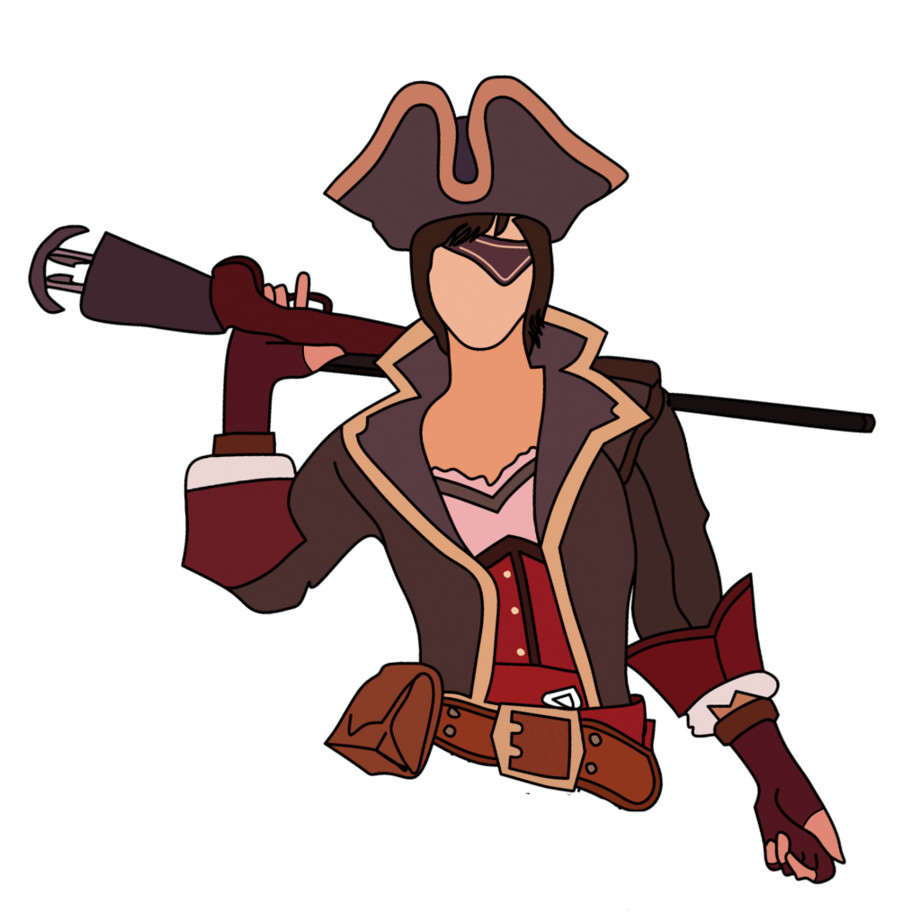 A cartoon-style illustration of a character from the hips up. Wearing a brown tricorner hat, shouldering a musket over one shoulder, an eyepatch on one eye, and a brown wide-lapel jacket over a red corset. Is this pirate a true antihero, or just dressed up in the costume?