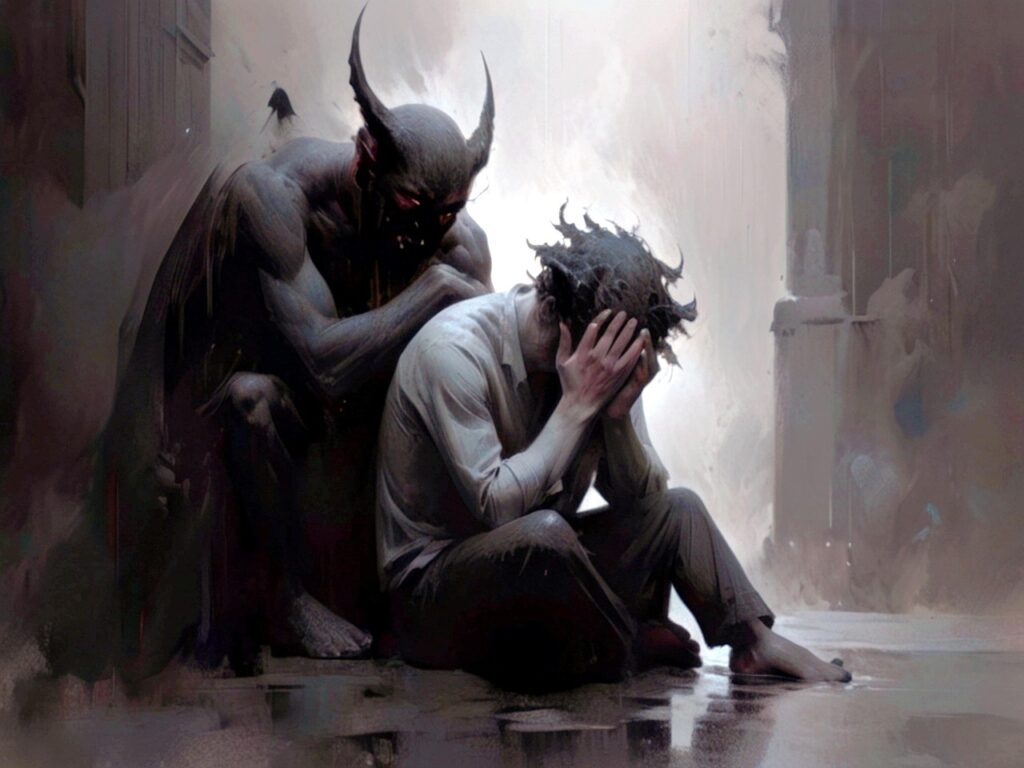In the foreground, a person is seated on a wet side street or alley-way, hunched over with their face in their hands. Behind them squats a dark figure with demonic-looking horns. We can't see its face, but it seems to be lurking or even whispering to the person. This is a depiction of how depression poses as writer's block to tell its lies.