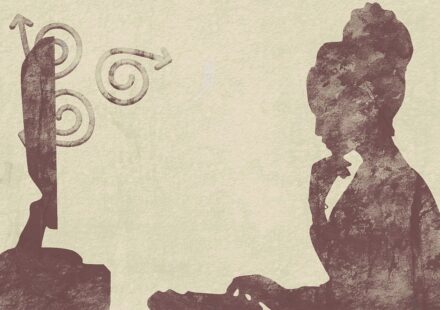 On a neutral background, a silhouette pauses with its fingers on its chin, contemplating a computer screen with arrows spiraling before it. Looks like writer's block, but it might be depression.