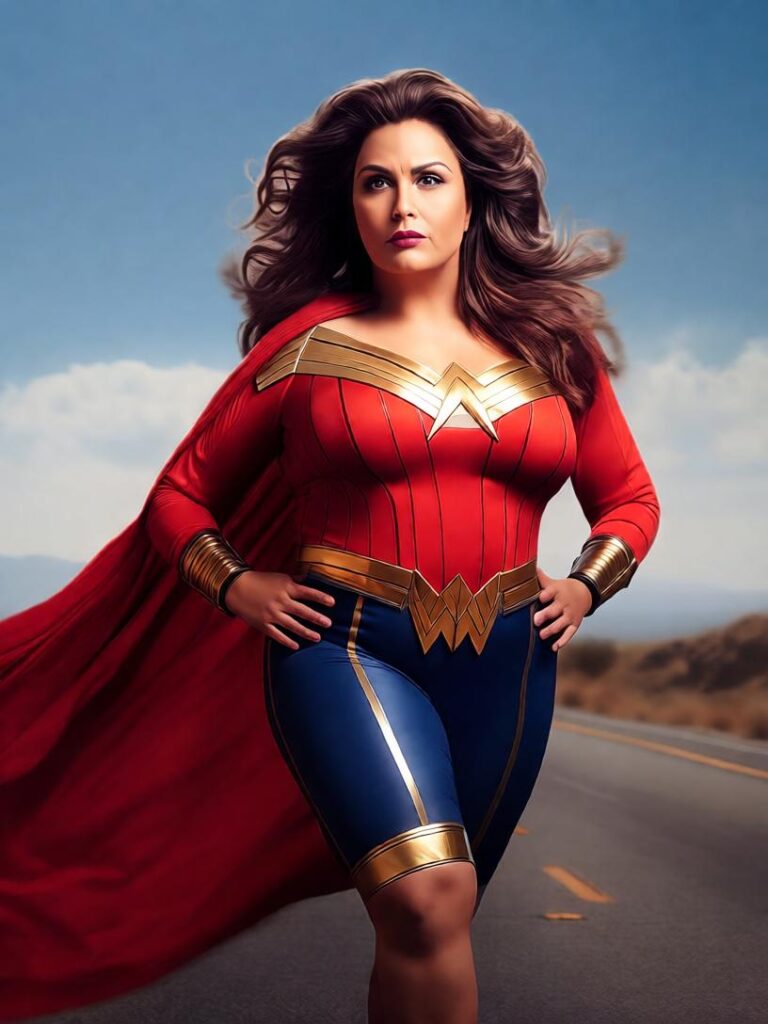 Heroes come in all shapes and sizes. A voluptuous female stands on a road surface in a superhero costume. What is another garden-variety antihero next to that?