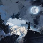 In a moonlit scene with clouds and chaos, the antihero sits silhouetted atop his horse, carrying a banner. Are they morally gray or entirely compromised?