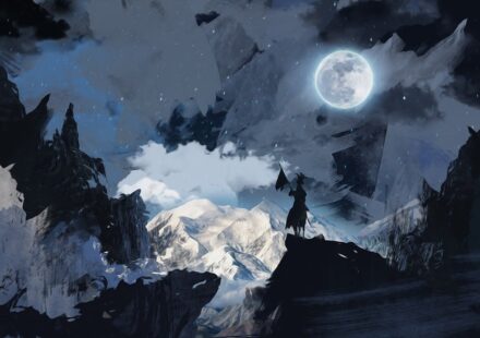 In a moonlit scene with clouds and chaos, the antihero sits silhouetted atop his horse, carrying a banner. Are they morally gray or entirely compromised?