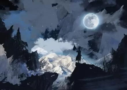 In a moonlit scene with clouds and chaos, the antihero sits silhouetted atop his horse, carrying a banner. Are they morally gray or entirely compromised?