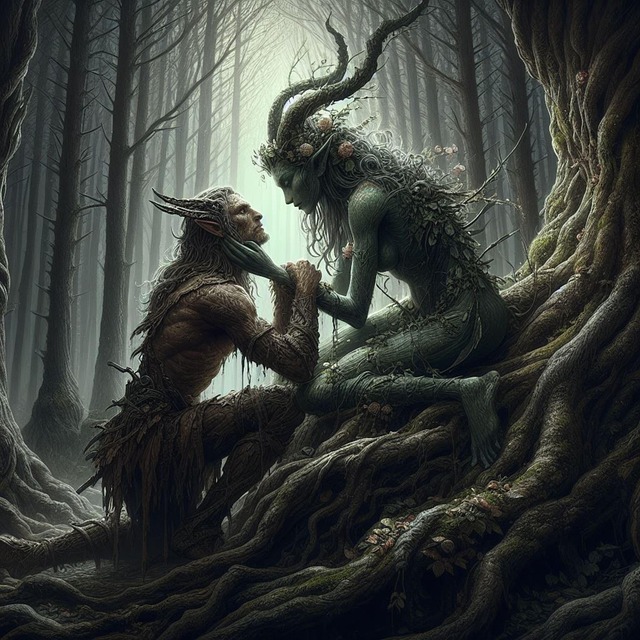 A dryad and a faun --- or is it a satyr? --- pause for a tender moment on the roots of a tree. The forest around them seems dark and bleak.