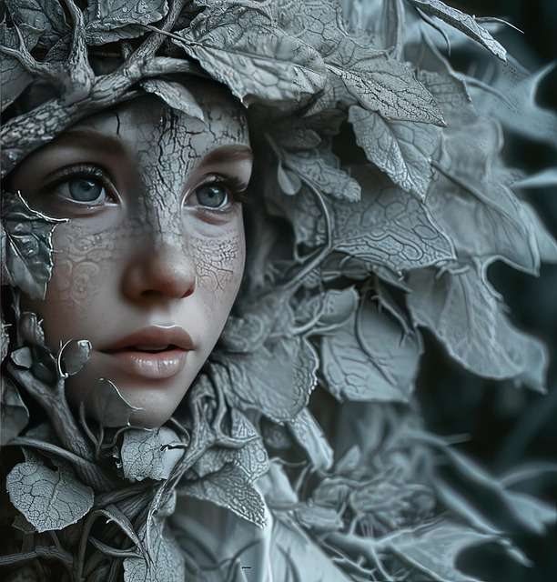 A face of a dryad, or more precisely a hamadryad, is peeking out from bark and brush — the kind of forest spirit who goes down with her tree, not just lives near it.