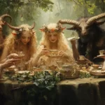 A fairies' "tea party" in a wood with a mix of horned and non-horned attendees. The largest, horned ones? Are they Fauns? Or satyrs? If the content in those cups really is tea, they're probably the gentler fauns, eh?