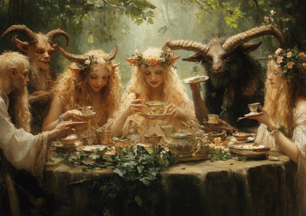 A fairies' "tea party" in a wood with a mix of horned and non-horned attendees. The largest, horned ones? Are they Fauns? Or satyrs? If the content in those cups really is tea, they're probably the gentler fauns, eh?