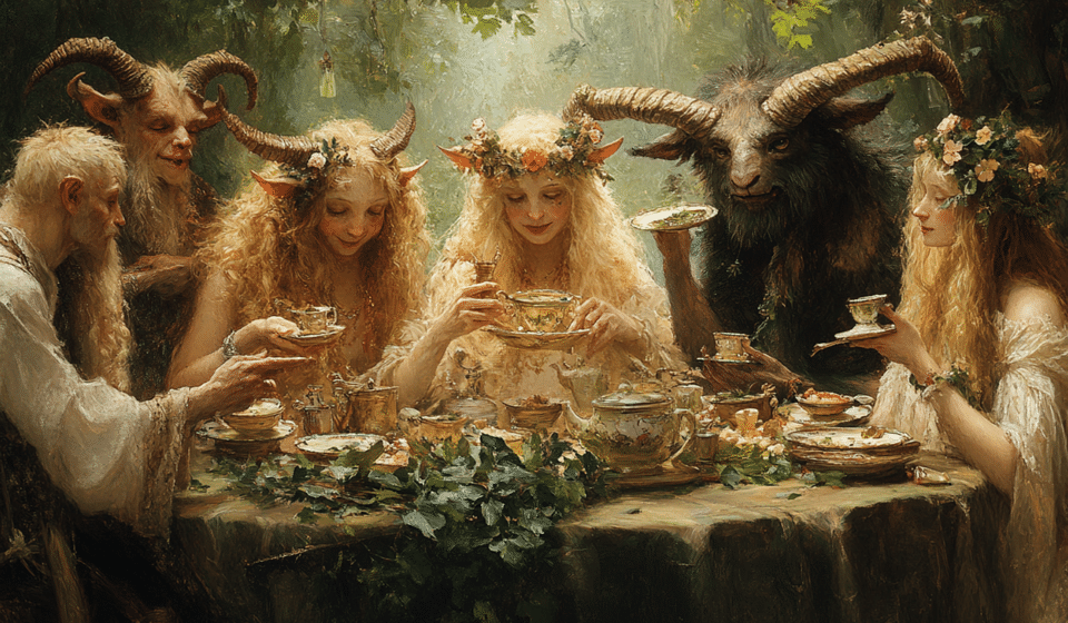 Faun vs Satyr: What’s the Difference? (And Where Does Pan Fit In?) A fairies' "tea party" in a wood with a mix of horned and non-horned attendees. The largest, horned ones? Are they Fauns? Or satyrs? If the content in those cups really is tea, they're probably the gentler fauns, eh?