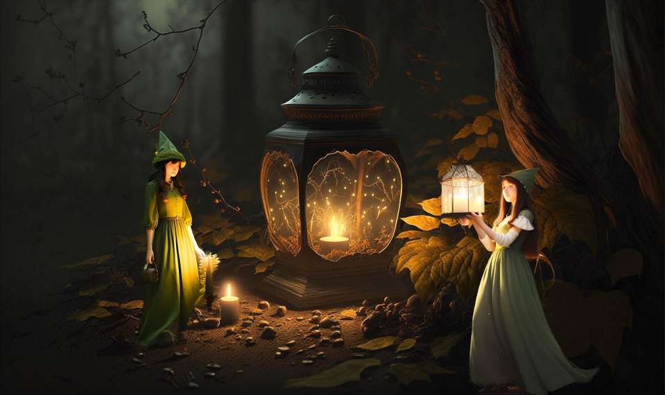 Two pointy-hatted figures tending a lantern full of something that definitely isn’t fireflies. Fae business, most likely.