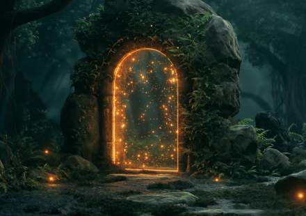 An ancient stone archway glowing deep in the woods — exactly the sort of place you’d expect forest spirits to be keeping watch. Nymph, dryads, sylphs --- whatever you want to call them.