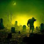 A lycanthrope prowls a fog-shrouded graveyard under a sickly green moon — exactly the kind of night you don’t want to meet one.