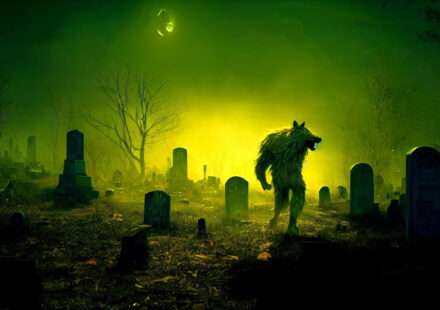 A lycanthrope prowls a fog-shrouded graveyard under a sickly green moon — exactly the kind of night you don’t want to meet one.