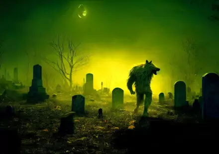 A lycanthrope prowls a fog-shrouded graveyard under a sickly green moon — exactly the kind of night you don’t want to meet one.