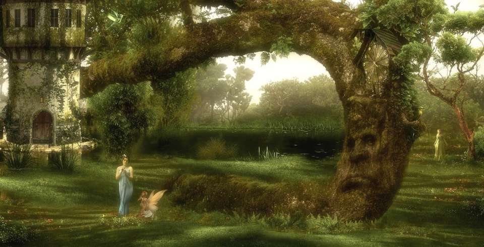An elf female, her tiny fae companion, and a tree with very strong opinions — welcome to an elven wood.